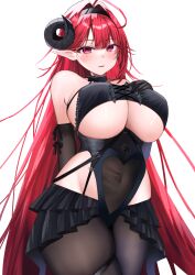 Rule 34 | 1girl, absurdres, azur lane, bare shoulders, black gloves, black horns, black pantyhose, black skirt, breasts, center frills, clothing cutout, covered navel, cowboy shot, curled horns, demon girl, demon horns, elbow gloves, frills, gloves, hair intakes, hand on own chest, heart cutout, highres, hindenburg (azur lane), horns, huge breasts, long hair, long pointy ears, miniskirt, pantyhose, pointy ears, purple eyes, red hair, simple background, sino rameko, skirt, solo, underboob, underboob cutout, very long hair, white background
