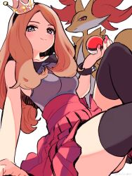 Rule 34 | 1girl, amezawa koma, black shirt, black thighhighs, blonde hair, braixen, closed mouth, creatures (company), crown, game freak, gen 6 pokemon, grey eyes, highres, holding, holding poke ball, looking at viewer, nintendo, poke ball, poke ball (basic), pokemon, pokemon (creature), pokemon xy, red skirt, serena (pokemon), shirt, skirt, sleeveless, sleeveless shirt, smile, thighhighs, thighs, white background