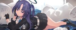 Rule 34 | 1girl, black gloves, black skirt, blue archive, blue necktie, blush, breasts, closed mouth, collared shirt, formal, gloves, halo, highres, id card, large breasts, long hair, long sleeves, mechanical halo, miniskirt, necktie, pleated skirt, purple eyes, purple hair, shirt, skirt, solo, suit, two side up, white shirt, yuuka (blue archive), zerocat