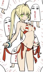 Rule 34 | 1girl, ahoge, bare shoulders, bead bracelet, beads, bikini, blonde hair, blush, bracelet, breasts, cleavage, criss-cross halter, earrings, fate/grand order, fate (series), green eyes, hair intakes, halterneck, jewelry, large breasts, long hair, looking at viewer, medjed (fate), navel, nero claudius (fate), nero claudius (fate) (all), nero claudius (swimsuit caster) (fate), red bikini, striped bikini, striped clothes, swimsuit, thighs, translation request, twintails, wada arco