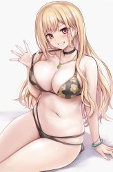 Rule 34 | 1girl, barbell piercing, bare shoulders, bikini, blonde hair, blush, bracelet, breasts, choker, collarbone, ear piercing, floral print, grin, highres, industrial piercing, jewelry, kitagawa marin, large breasts, long hair, looking at viewer, multi-strapped bikini, navel, piercing, r-binon, red eyes, revision, simple background, sitting, smile, solo, sono bisque doll wa koi wo suru, strap pull, swept bangs, swimsuit, waving