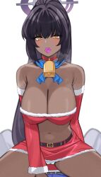 Rule 34 | 1girl, absurdres, armpit crease, bandeau, bare shoulders, bell, belt, between legs, black hair, blue archive, breasts, cameltoe, choker, cleavage, condom, condom in mouth, condom wrapper, dark-skinned female, dark skin, detached sleeves, fur trim, halo, heavy breathing, highres, kaosu kun, karin (blue archive), large breasts, long hair, long sleeves, looking at viewer, midriff, miniskirt, mouth hold, navel, neckerchief, panties, panty peek, parted lips, ponytail, red choker, red skirt, sitting, skirt, solo, spread legs, stomach, strapless, thighs, tube top, underwear, very long hair, white panties, yellow eyes