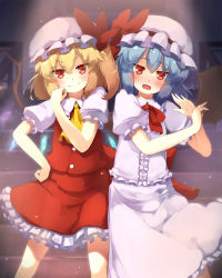 Rule 34 | &gt;:), 2girls, ascot, bat wings, blonde hair, blue hair, cowboy shot, dress, flandre scarlet, gengetsu chihiro, hat, hat ribbon, highres, looking at viewer, miniskirt, mob cap, multiple girls, open mouth, pink dress, puffy short sleeves, puffy sleeves, red dress, red eyes, remilia scarlet, ribbon, shirt, short sleeves, siblings, side ponytail, sisters, skirt, skirt set, smile, touhou, v-shaped eyebrows, wavy mouth, white dress, wings