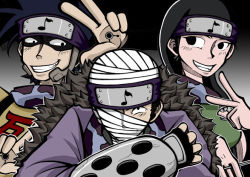 Rule 34 | 1girl, 2boys, abumi zaku, bandages, black hair, fingerless gloves, forehead protector, gloves, gradient background, grey background, grin, hidden sound village, kin tsuchi, kinuta dosu, looking at another, looking at viewer, multiple boys, musical note, naruto, naruto (series), simple background, smile, stairsbridge, v, w
