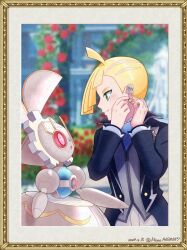 Rule 34 | 1boy, ahoge, blonde hair, creatures (company), dated, ear piercing, game freak, gen 7 pokemon, gladion (pokemon), gladion (sygna suit) (pokemon), green eyes, jacket, legendary pokemon, looking at another, magearna, magearna (normal), male focus, mechanical arms, memo14030037, mythical pokemon, nintendo, official alternate costume, open clothes, open jacket, piercing, pokemon, pokemon (creature), pokemon masters ex