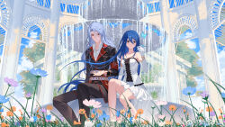 Rule 34 | 1boy, 1girl, absurdres, artist request, bare legs, black suit, blue hair, blue sky, bug, butterfly, cang yue (tou xing jiuyue tian), cloud, detached sleeves, dress, flower, formal, fountain, grass, grey eyes, highres, insect, long hair, open hand, red eyes, second-party source, sitting, sky, suit, tou xing jiuyue tian, tree, white dress, xuan yue (tou xing jiuyue tian)