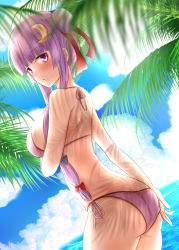 Rule 34 | 1girl, ass, bikini, blush, breasts, crescent, crescent hair ornament, double bun, dutch angle, from side, hair bun, hair ornament, halterneck, large breasts, long hair, looking at viewer, palm tree, patchouli knowledge, purple bikini, ram hachimin, shadow, solo, swimsuit, touhou, tree