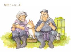 Rule 34 | 1boy, 1girl, dog, eating, food, glasses, hat, ina (gonsora), bento, old, old man, old woman, onigiri, original, vegetable