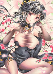Rule 34 | 1girl, azur lane, black flower, black hair, black rose, bodystocking, breasts, brown gloves, chen hai (azur lane), chen hai (vestibule of wonders) (azur lane), china dress, chinese clothes, cleavage, dress, elbow gloves, flower, gloves, hair flower, hair ornament, hand in own hair, highres, lace, lace-trimmed gloves, lace trim, large breasts, long hair, marker (medium), official alternate costume, pelvic curtain, red eyes, red flower, rose, saya pr, see-through, solo, taut clothes, taut dress, traditional media, very long hair