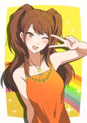 Rule 34 | 1girl, ;d, absurdres, bare shoulders, blush, brown eyes, brown hair, dress, earrings, heart, heart necklace, highres, jewelry, kujikawa rise, long hair, looking at viewer, necklace, one eye closed, open mouth, orange dress, persona, persona 4, ryochan96154, sleeveless, sleeveless dress, smile, solo, teeth, twintails, twitter username, upper body, upper teeth only, v