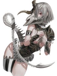 Rule 34 | 1girl, absurdres, animal skull, armlet, breasts, covering privates, covering breasts, cowboy shot, cropped legs, ear piercing, epaulettes, gold can, grey hair, hair ornament, highres, holding, horns, jewelry, looking to the side, mask, medium breasts, original, piercing, red eyes, short hair, single epaulette, skeletal tail, skull mask, solo, weapon
