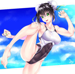Rule 34 | 1girl, absurdres, barefoot, black hair, blue sky, breasts, bun cover, cloud, commentary request, competition swimsuit, cowboy shot, double bun, fate/grand order, fate (series), feet, feet out of frame, green eyes, hair bun, highleg, highleg swimsuit, highres, leg up, medium breasts, muscular, muscular female, one-piece swimsuit, open mouth, plantar flexion, qin liangyu (fate), signature, sky, smile, solo, standing, standing on one leg, swimsuit, two-tone background, watosu (watosu mama)