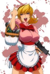 Rule 34 | 1girl, basket, blonde hair, blue eyes, breasts, bulleta, capcom, gun, igatto, large breasts, midnight bliss, aged up, red skirt, short hair, skirt, smile, solo, submachine gun, tongue, vampire (game), weapon