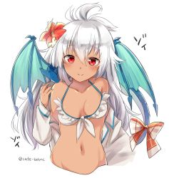 Rule 34 | 10s, 1girl, ahoge, bare shoulders, bikini, blush, bow, breasts, character name, cleavage, collarbone, cropped torso, dark-skinned female, dark skin, dragon, flower, front-tie bikini top, front-tie top, granblue fantasy, groin, hair between eyes, hair flower, hair ornament, hibiscus, long hair, long sleeves, looking at viewer, medium breasts, moca blanc, navel, off shoulder, open clothes, open shirt, red eyes, shirt, simple background, smile, solo, swimsuit, tail, tail bow, tail ornament, text focus, twitter username, upper body, white background, white bikini, white hair, white shirt, zooey (granblue fantasy), zooey (summer) (granblue fantasy)