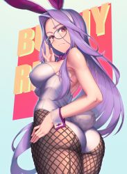 Rule 34 | 1girl, adjusting eyewear, animal ears, ass, bow, bowtie, breasts, brown eyes, character name, covered erect nipples, fake animal ears, fate/stay night, fate (series), fishnet pantyhose, fishnets, frown, glasses, gradient background, hand on own hip, leotard, long hair, looking at viewer, looking back, medusa (charming bunny) (fate), medusa (fate), medusa (rider) (fate), official alternate costume, pantyhose, playboy bunny, purple hair, rabbit ears, rabbit tail, rotix, sleeve cuffs, solo, tail