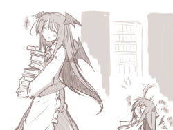 Rule 34 | &gt; &lt;, 2girls, :&lt;, :d, ^ ^, ahoge, apron, bat wings, blush, book, bookshelf, chibi, closed eyes, detached wings, dual persona, closed eyes, female focus, flapping, head wings, koakuma, long hair, monochrome, multiple girls, necktie, aged up, open mouth, purple theme, rondo umigame, sketch, smile, embodiment of scarlet devil, touhou, vest, wings, aged down