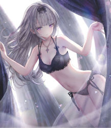 Rule 34 | 1girl, bare arms, bare shoulders, black bow, black bra, black panties, bow, bra, breasts, cleavage, closed mouth, collarbone, commentary request, grey hair, hair bow, hands up, highres, jewelry, long hair, looking at viewer, missile228, navel, original, panties, pendant, purple eyes, side-tie panties, small breasts, smile, solo, underwear, underwear only