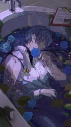 Rule 34 | 1boy, absurdres, bathtub, bishounen, blue eyes, blue flower, blue hair, blue rose, clipboard, doctor, figaro garcia, flower, flower on liquid, from side, highres, hitokoto, holding, holding flower, jacket, jacket on shoulders, lab coat, looking at viewer, lying, mahoutsukai no yakusoku, male focus, partially submerged, profile, rose, shirt, short hair, sleeve cuffs, solo, stethoscope