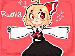 Rule 34 | 1girl, ascot, black skirt, blonde hair, blouse, blush, character name, commentary, embodiment of scarlet devil, english commentary, hair between eyes, hair ribbon, heart, heart-shaped pupils, long sleeves, outstretched arms, red ascot, red background, red eyes, ribbon, rumia, shirt, short hair, skirt, smile, solo, spread arms, symbol-shaped pupils, thepiratedoge, touhou, vest, white shirt, wide sleeves