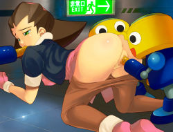 Rule 34 | 1girl, all fours, anus, brown hair, capcom, censored, clothes pull, fellatio, from behind, gloves, green eyes, ionosphere, mega man (series), mega man legends (series), mosaic censoring, oral, pantyhose, pantyhose pull, pussy, servbot (mega man), tron bonne (mega man), vaginal