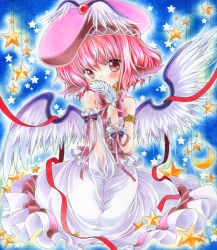 Rule 34 | 1girl, alternate costume, animal ears, asymmetrical clothes, bad id, bad pixiv id, bare shoulders, between legs, blush, color ink (medium), covering own mouth, crescent, detached sleeves, dress, feathers, female focus, hand between legs, hat, looking at viewer, marker (medium), mystia lorelei, pink eyes, pink hair, ribbon, see-through, seidou (tukinomiyako), short hair, sitting, solo, star (symbol), touhou, traditional media, wings