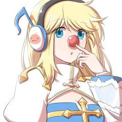 Rule 34 | 1girl, arch bishop (ragnarok online), blonde hair, blue dress, blue eyes, breasts, cleavage, cleavage cutout, clothing cutout, clown nose, commentary request, cross, dress, headphones, juliet sleeves, long hair, long sleeves, looking at viewer, medium breasts, natsuya (kuttuki), open mouth, poring, puffy sleeves, ragnarok online, simple background, solo, two-tone dress, upper body, white background, white dress