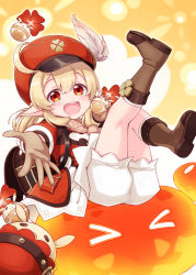 Rule 34 | &gt; &lt;, 1girl, :d, ahoge, backpack, bag, blonde hair, bloomers, blush, boots, brown footwear, brown gloves, cabbie hat, closed eyes, commentary request, dress, feathers, genshin impact, gloves, hair between eyes, harada (sansei rain), hat, hat feather, highres, holding, klee (genshin impact), knee up, leg up, long hair, looking at viewer, low twintails, open mouth, outstretched arm, pointy ears, red dress, red eyes, red hat, shoe soles, slime (creature), smile, socks, solo, teeth, twintails, underwear, upper teeth only, white bloomers, white feathers, white socks