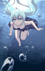 Rule 34 | 1girl, aqua eyes, aqua hair, barefoot, black dress, breasts, bubble, closed mouth, downblouse, dress, frown, hatsune miku, highres, long hair, looking down, matching hair/eyes, no bra, shin5 art, shinkai shoujo (vocaloid), small breasts, solo, twintails, underwater, vocaloid, water
