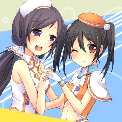 Rule 34 | 10s, 2girls, :d, ;), bad id, bad pixiv id, black hair, blush, cleavage cutout, clothing cutout, gloves, holding hands, hat, interlocked fingers, long hair, looking at viewer, love live!, love live! school idol festival, love live! school idol project, midriff, multiple girls, navel, one eye closed, open mouth, oruto (ort+), oruton, ponytail, purple eyes, red eyes, smile, tojo nozomi, twintails, wink, yazawa nico