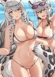 Rule 34 | 2girls, :d, animal ear fluff, animal ears, arknights, armpits, bare shoulders, bikini, braid, breasts, cliffheart (arknights), commentary, cowboy shot, eyewear on head, grey eyes, hair between eyes, head chain, highres, jewelry, large breasts, leopard ears, leopard tail, long hair, looking at viewer, multiple girls, navel, necklace, open mouth, parted lips, pramanix (arknights), short hair, siblings, silver hair, sisters, smile, springveiv, standing, stomach, sunglasses, swimsuit, tail, thighs, twin braids, very long hair, white bikini