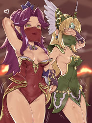 Rule 34 | 2equal8, 2girls, angela (seiken densetsu 3), armor, armpits, blonde hair, blush, breasts, bridal gauntlets, cleavage, cleft of venus, dress, embarrassed, gloves, harem outfit, helmet, highres, holding hands, long hair, low-tied long hair, mouth veil, multiple girls, open mouth, polearm, riesz, seiken densetsu, seiken densetsu 3, veil, very long hair, weapon, winged helmet, yuri