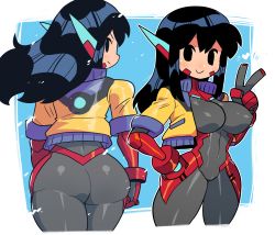 Rule 34 | 1girl, absurdres, ass, asta rindo (rariatto), black eyes, black hair, blue background, heart, highres, jacket, looking at viewer, multiple views, open clothes, open jacket, original, rariatto (ganguri), robot ears, smile, standing, v, yellow jacket