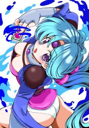 Rule 34 | 1girl, :o, antenna hair, aqua hair, arched back, ass, bare legs, belt, blue capelet, blue hair, blush, breasts, capelet, card, circlet, commentary, downblouse, fingerless gloves, gem, gloves, hair tie, haou taikei ryuu knight, highres, holding, holding card, kobawan dam, long hair, looking at viewer, low twintails, open mouth, paffy pafuricia, panties, purple eyes, shoulder pads, solo, twintails, underwear, water, white panties