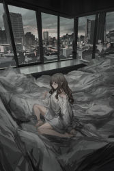 Rule 34 | 1girl, barefoot, bed, bed sheet, bedroom, black hair, building, city, highres, lm7 (op-center), original, shirt, sitting, solo, white shirt, window