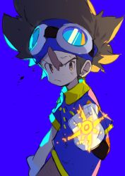 Rule 34 | 1boy, blue background, brown eyes, brown hair, closed mouth, digimon, digimon adventure, gloves, glowing, goggles, goggles on head, hair between eyes, hajime (hajime-ill-1st), highres, male focus, simple background, sketch, solo, white gloves, yagami taichi