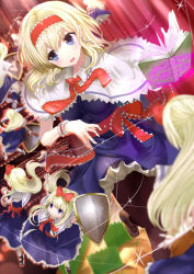 Rule 34 | 1girl, aldehyde, alice margatroid, armor, bad id, bad pixiv id, black pantyhose, blonde hair, blue eyes, book, breasts, capelet, cross, doll, dress, dutch angle, earrings, female focus, grimoire, grimoire of alice, hair ribbon, hairband, hexagon, highres, jewelry, long hair, magic circle, medium breasts, open book, open mouth, pantyhose, puppet rings, puppet strings, ribbon, ring, sash, shanghai doll, shield, shoes, short hair, smile, solo, string, touhou, wrist cuffs