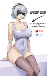 Rule 34 | 1girl, arrow (symbol), black blindfold, black hairband, blindfold, bob cut, breasts, cleavage, collarbone, commentary, commentary request, covered navel, damobelmont, english commentary, english text, grey hair, grin, hairband, highleg, highleg swimsuit, large breasts, like and retweet, meme, mole, mole under mouth, nier:automata, nier (series), one-piece swimsuit, parted lips, short hair, side slit, simple background, sitting, skin tight, skindentation, smile, solo, swimsuit, thighhighs, thighs, twitter strip game (meme), white background, white hair, white one-piece swimsuit, 2b (nier:automata)