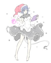 Rule 34 | 1girl, blue eyes, blue hair, book, breasts, doremy sweet, dress, female focus, flat color, full body, hat, holding, holding book, matching hair/eyes, md5 mismatch, nightcap, no shoes, pom pom (clothes), raptor7, resized, simple background, skirt, smile, solo, standing, tail, tapir tail, touhou, white background