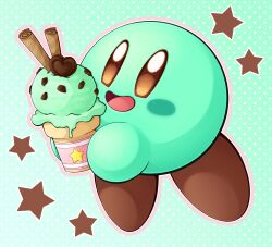 Rule 34 | alternate color, blush stickers, brown eyes, candy, chocolate, chocolate heart, food, heart, highres, holding, holding food, holding ice cream, ice cream, kirby, kirby (series), mint chocolate, mint chocolate chip, nintendo, no humans, open mouth, outline, polka dot, polka dot background, slys (jesterdysphoria), smile, solid oval eyes, solo, star (symbol), wafer stick