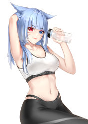 Rule 34 | 1girl, absurdres, animal ears, arm up, armpits, black pants, blue eyes, blue hair, blunt bangs, bottle, breasts, cleavage, closed mouth, collarbone, commission, cowboy shot, facial mark, final fantasy, final fantasy xiv, hand in own hair, heterochromia, highres, holding, holding bottle, large breasts, lips, long hair, looking at viewer, maoyao-ll, miqo&#039;te, navel, pants, pixiv commission, red eyes, smile, solo, sports bra, stomach, warrior of light (ff14), whisker markings, yoga pants