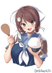 Rule 34 | 1girl, ahoge, blush, bowl, braid, braided hair rings, brown hair, brown shawl, chougei (kancolle), ebifurya, food, grey eyes, hair rings, highres, holding, holding bowl, japanese clothes, kantai collection, long hair, looking at viewer, neckerchief, open mouth, rice, rice bowl, shamoji, shawl, short sleeves, simple background, smile, solo, twin braids, twitter username, upper body, white background, white neckerchief
