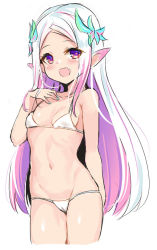 Rule 34 | 1girl, :d, aqua nails, bare arms, bare shoulders, bikini, blush, breasts, cameltoe, collarbone, fang, forehead, groin, hand up, long hair, looking at viewer, multicolored hair, nail polish, navel, open mouth, original, parted bangs, pink hair, pointy ears, purple eyes, purple hair, red eyes, silver hair, simple background, small breasts, smile, solo, stomach, swimsuit, unname, very long hair, white background, white bikini