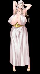 Rule 34 | 1girl, arms behind head, arms up, blonde hair, breasts, brown hair, dress, highres, huge breasts, hypnosis, jewelry, kyonyuu princess saimin, long hair, mature female, mind control, necklace, queen, sandals, tamanna crusch