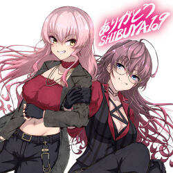 2girls black_gloves black_jacket black_pants black_suit blue_eyes breasts closed_mouth fingerless_gloves formal_clothes glasses gloves highres hitofudegaki_usagi ichinose_shiki idolmaster idolmaster_cinderella_girls jacket jewelry jougasaki_mika long_hair looking_at_viewer multiple_girls necklace pants pink_hair red_shirt shirt smile suit very_long_hair yellow_eyes