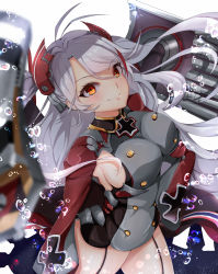 Rule 34 | 1girl, absurdres, ahoge, asymmetrical bangs, azur lane, blurry, blush, breasts, bubble, closed mouth, cowboy shot, cross, depth of field, dodon gadon, floating hair, garter straps, hair ornament, hand on own hip, highres, iron cross, large breasts, long hair, long sleeves, looking at viewer, military, military uniform, mole, mole on breast, multicolored hair, orange eyes, prinz eugen (azur lane), red hair, rigging, shield, sideboob, silver hair, simple background, smile, solo, thighs, twintails, two-tone hair, two side up, uniform, white background