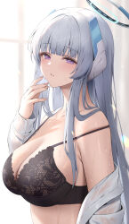 Rule 34 | 1girl, absurdres, black bra, blue archive, blush, bra, breasts, cleavage, collarbone, grey hair, halo, hibimaru, highres, indoors, large breasts, long hair, looking at viewer, looking to the side, mechanical halo, noa (blue archive), open clothes, open shirt, purple eyes, shirt, solo, straight hair, underwear, upper body, very long hair, white shirt
