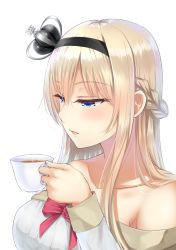Rule 34 | 10s, 1girl, bare shoulders, blonde hair, blue eyes, braid, crown, cup, dress, flower, french braid, jewelry, kantai collection, long hair, long sleeves, mini crown, off-shoulder dress, off shoulder, open mouth, primamiya, red flower, red ribbon, red rose, ribbon, rose, solo, tea, teacup, warspite (kancolle), white dress
