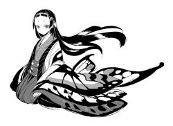 Rule 34 | 1girl, greyscale, japanese clothes, ken (koala), kimono, long hair, long sleeves, looking at viewer, monochrome, obi, original, sash, simple background, sitting, solo, very long hair, white background, wide sleeves