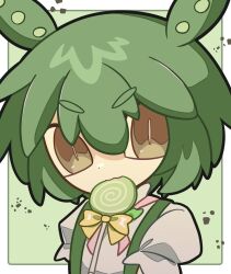 Rule 34 | 1girl, 9chrono0, border, bright pupils, brooch, brown eyes, candy, commentary request, food, food in mouth, green background, green hair, highres, jewelry, lollipop, looking at viewer, mouth hold, neck ribbon, outside border, pink ribbon, puffy short sleeves, puffy sleeves, ribbon, shirt, short sleeves, slit pupils, solo, suspenders, swirl lollipop, thick eyebrows, upper body, v-shaped eyebrows, voicevox, white border, white pupils, white shirt, zundamon