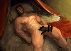 Rule 34 | 1boy, abs, absurdres, bar censor, bara, beard, bed, cape, unworn cape, censored, completely nude, dark-skinned male, dark skin, erection, facial hair, fate/grand order, fate/zero, fate (series), feet out of frame, fur-trimmed cape, fur trim, gluteal fold, highres, iskandar (fate), large pectorals, lying, male focus, muscular, navel, nipples, nude, on back, on bed, pectorals, penis, pillow, precum, red cape, red eyes, red hair, short hair, sleeping, solo, sweat, thick thighs, thighs, treesiming, veins